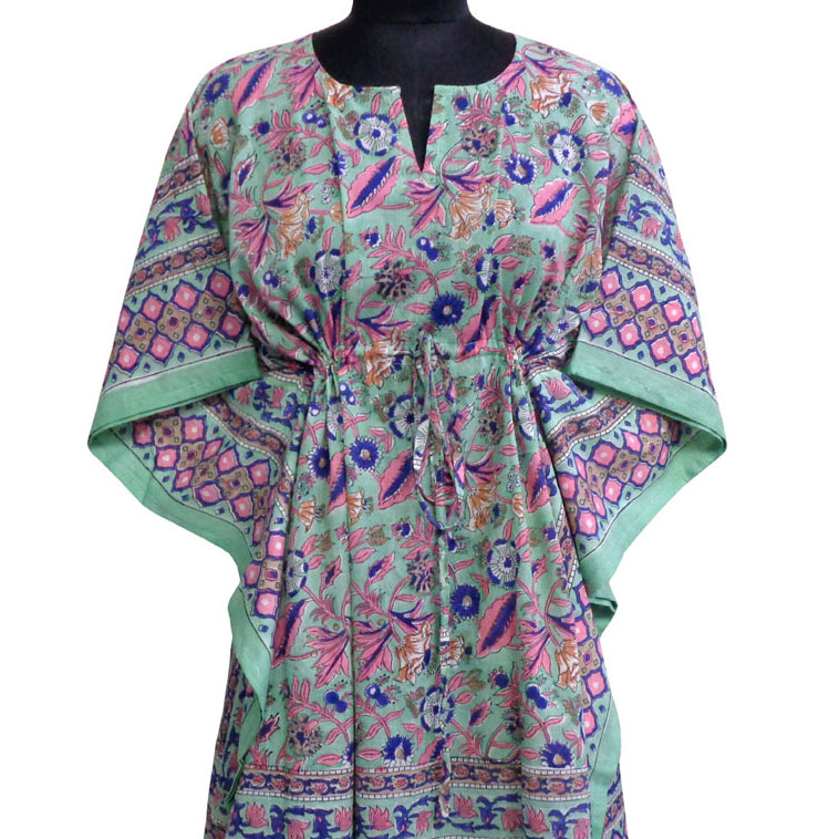 String Kaftan Free Size Indian Block Printed on Soft Cotton Voile Wild Flower Ocean Gud 203932