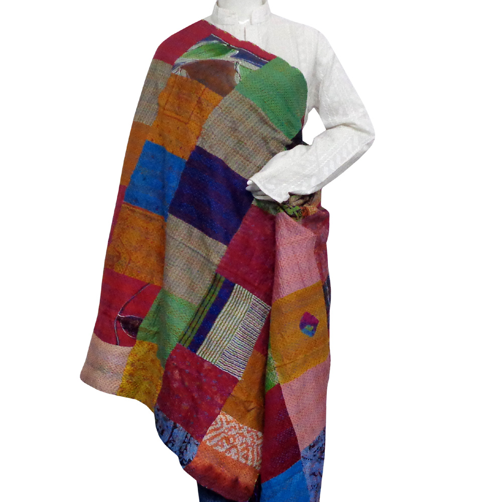 Hand Embroidered Cotton Kantha Silk Stole Reversible 200109