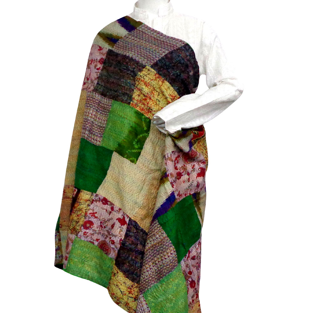 Hand Embroidered Cotton Kantha Silk Stole Reversible 204381