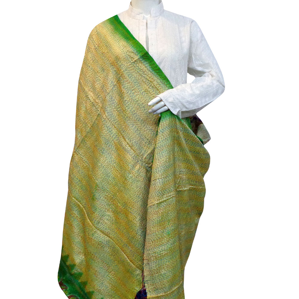 Hand Embroidered Cotton Kantha Silk Stole Reversible 204381