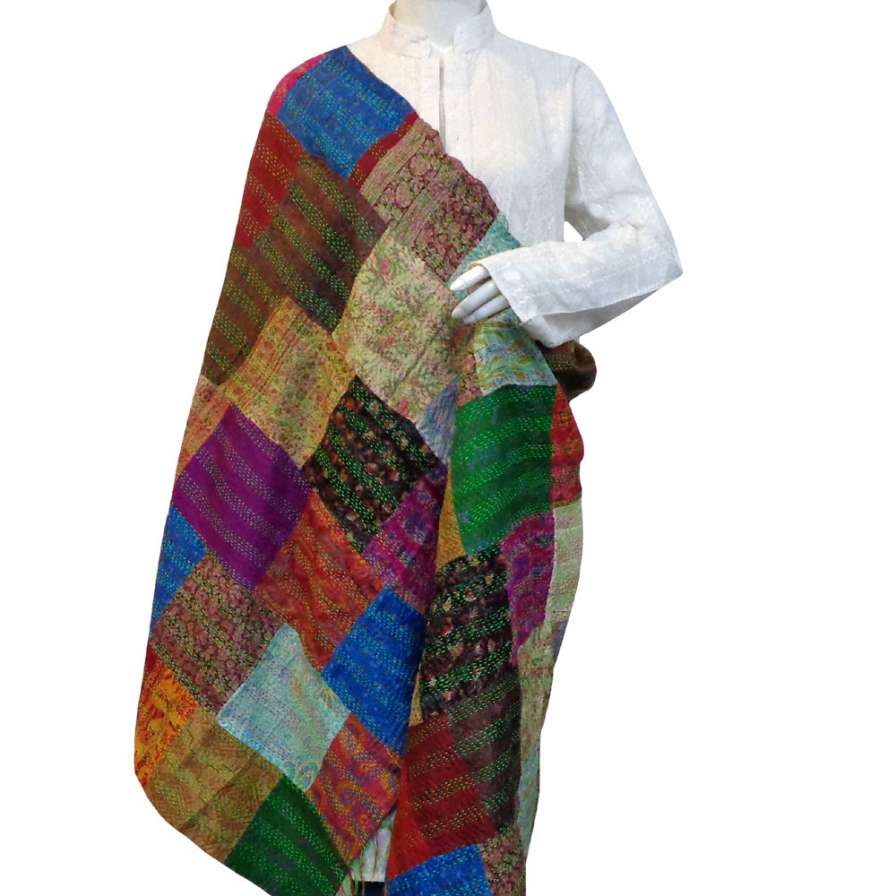 Hand Embroidered Cotton Kantha Silk Stole Reversible 204396