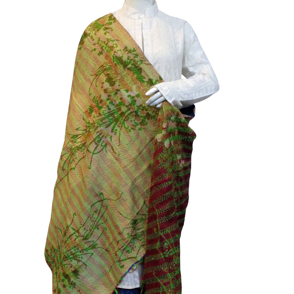 Hand Embroidered Cotton Kantha Silk Stole Reversible 204396