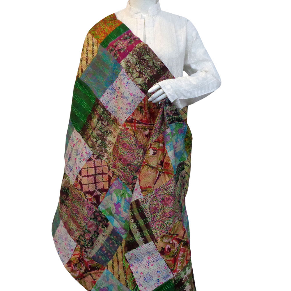 Hand Embroidered Cotton Kantha Silk Stole Reversible 204402