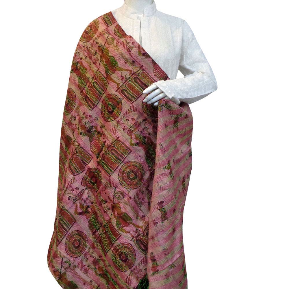Hand Embroidered Cotton Kantha Silk Stole Reversible 204402