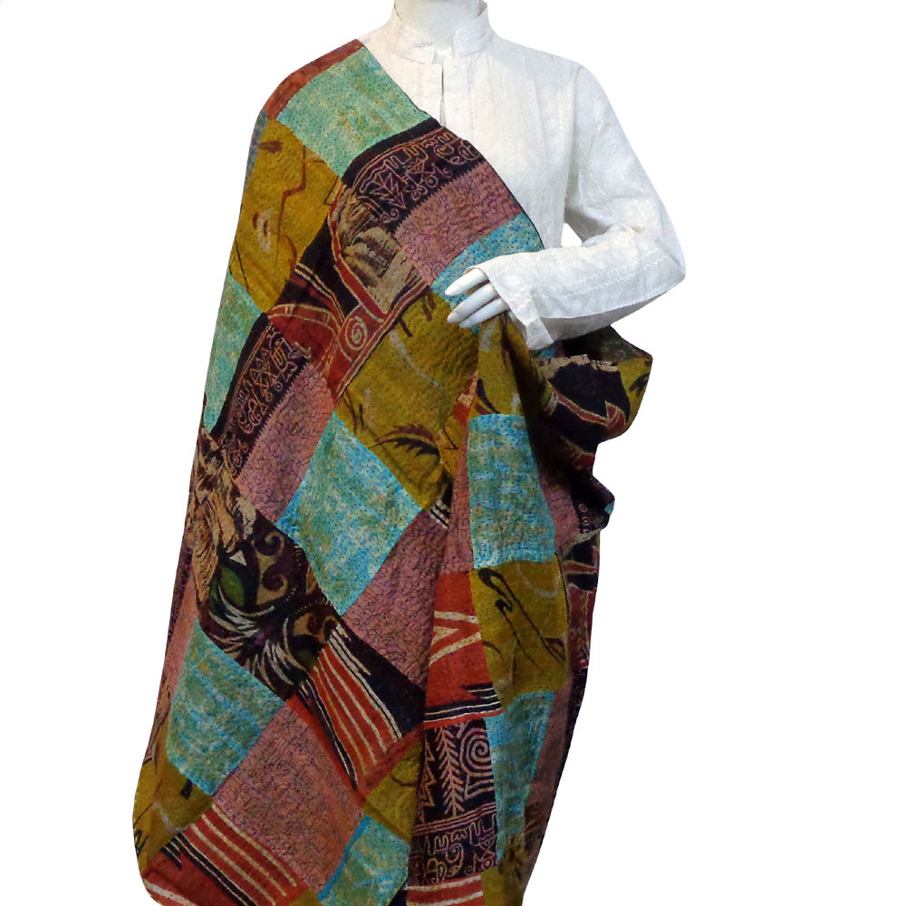 Hand Embroidered Cotton Kantha Silk Stole Reversible 204409
