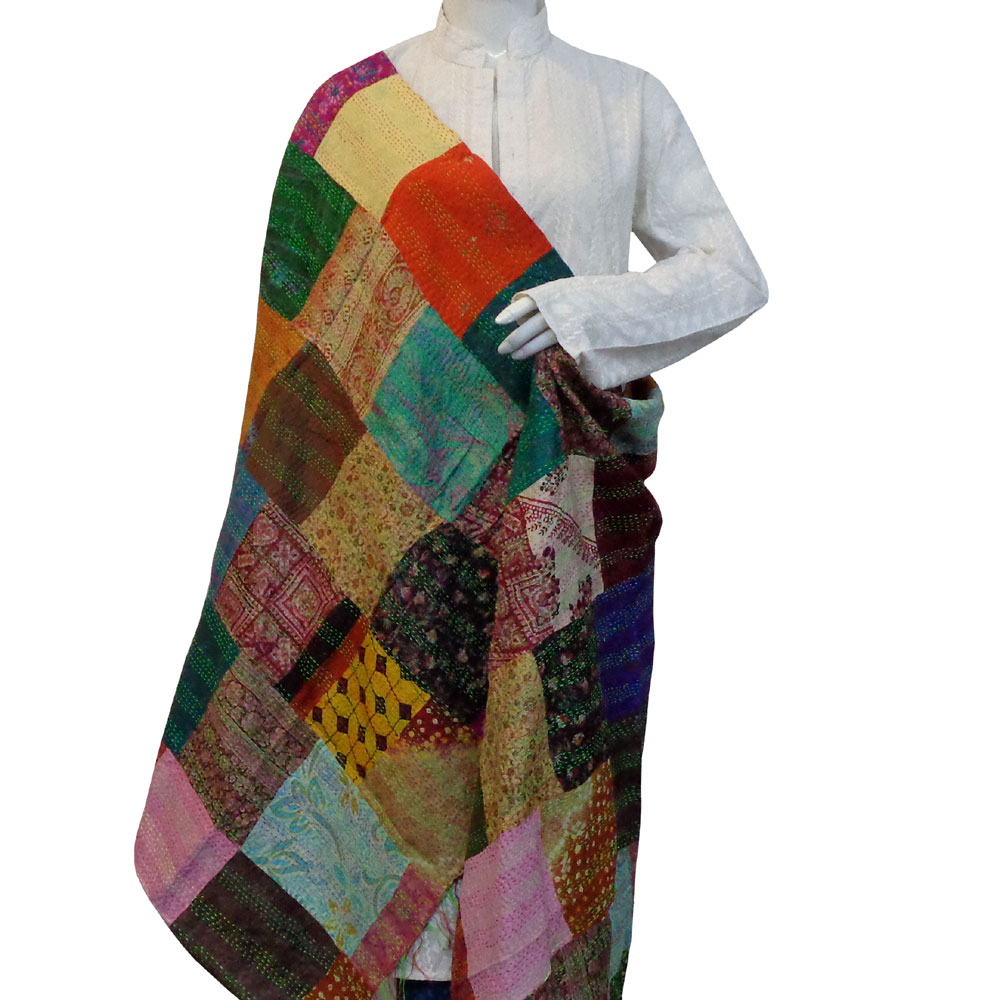 Hand Embroidered Cotton Kantha Silk Stole Reversible 204418