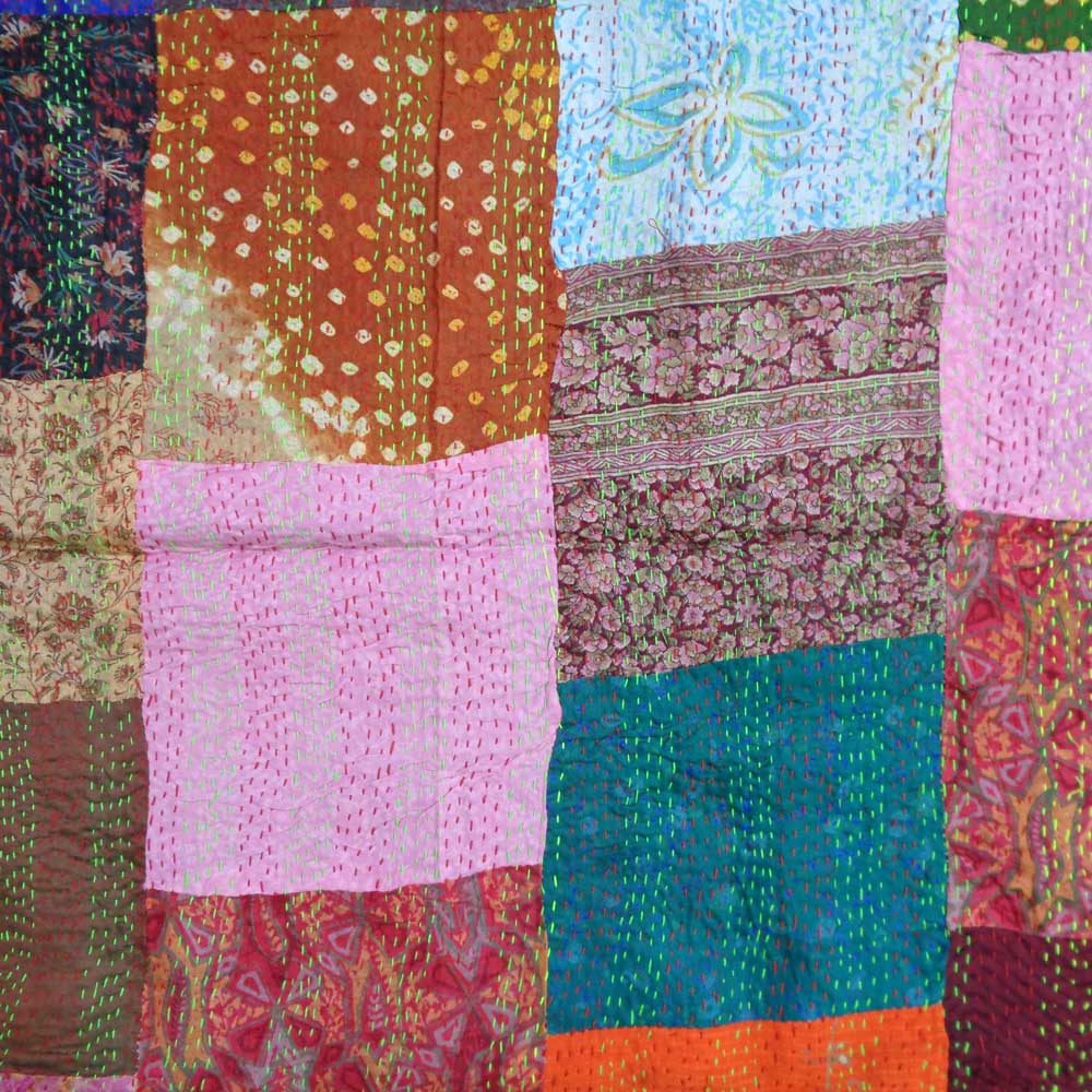 Hand Embroidered Cotton Kantha Silk Stole Reversible 204418