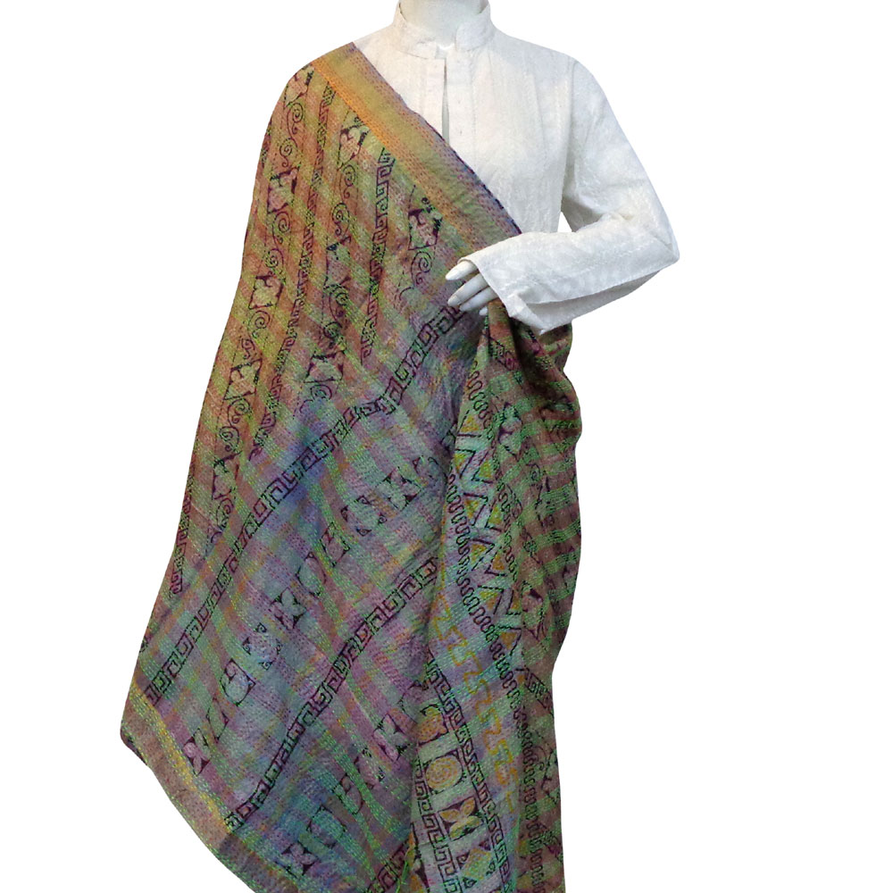 Hand Embroidered Cotton Kantha Silk Stole Reversible 204418