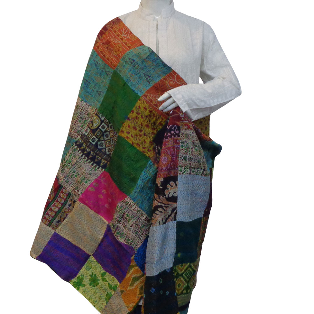 Hand Embroidered Cotton Kantha Silk Stole Reversible 204423