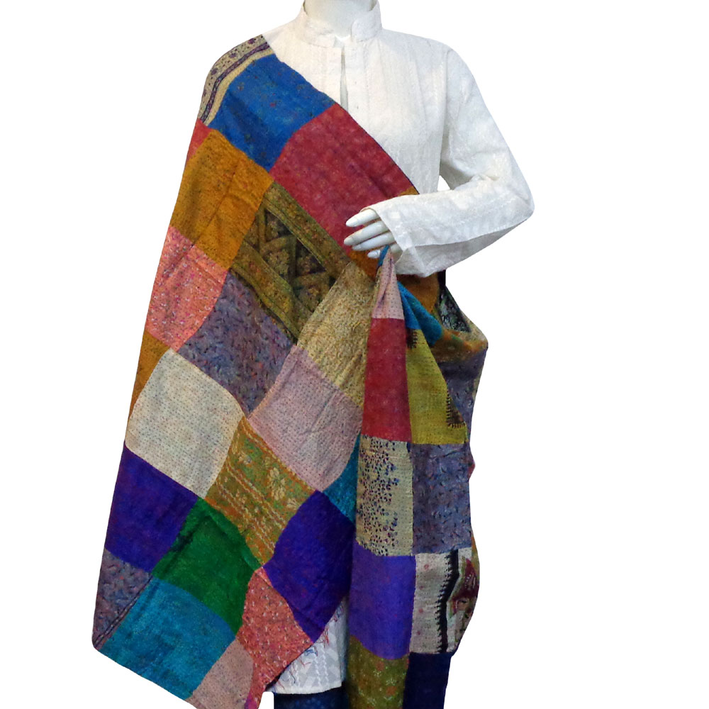 Hand Embroidered Cotton Kantha Silk Stole Reversible  204434