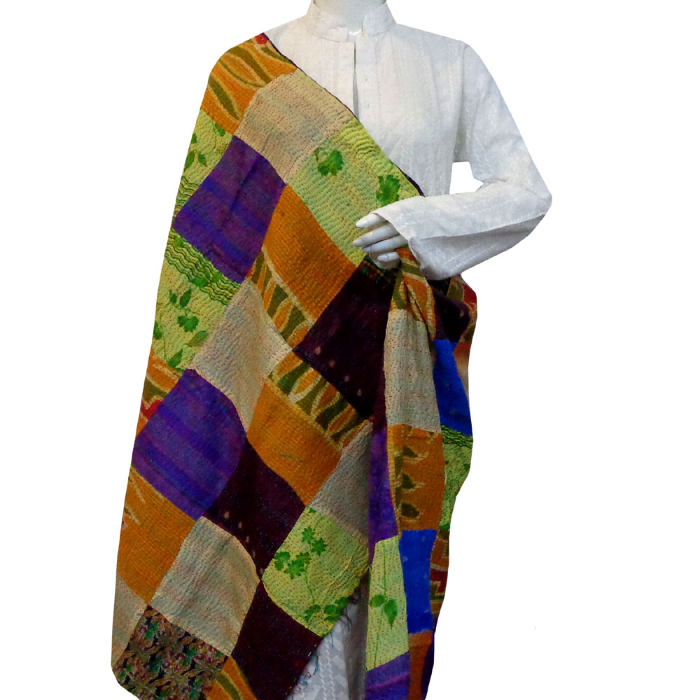 Hand Embroidered Cotton Kantha Silk Stole Reversible 204465