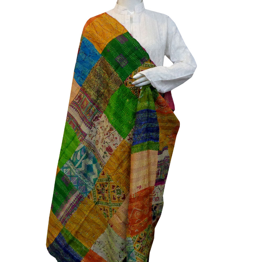 Hand Embroidered Cotton Kantha Silk Stole Reversible 204473