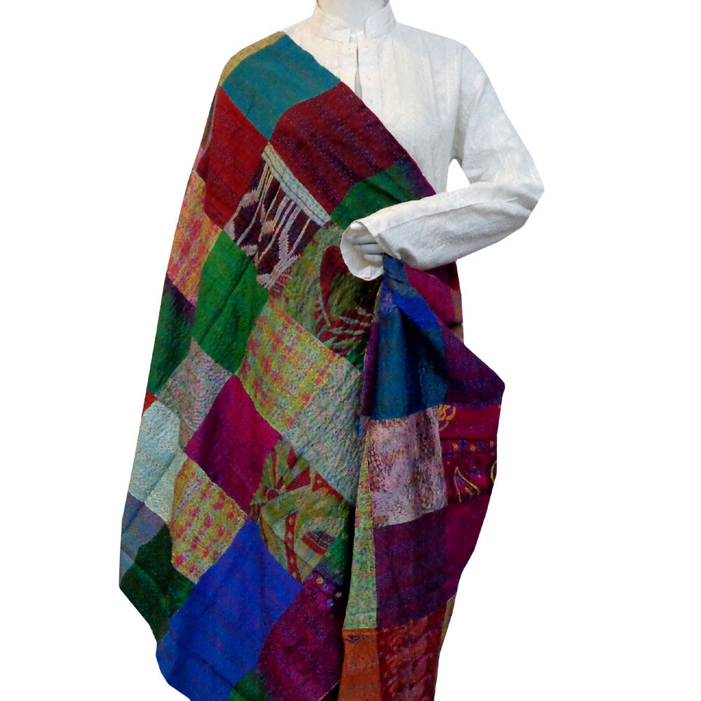 Hand Embroidered Cotton Kantha Silk Stole Reversible 204490