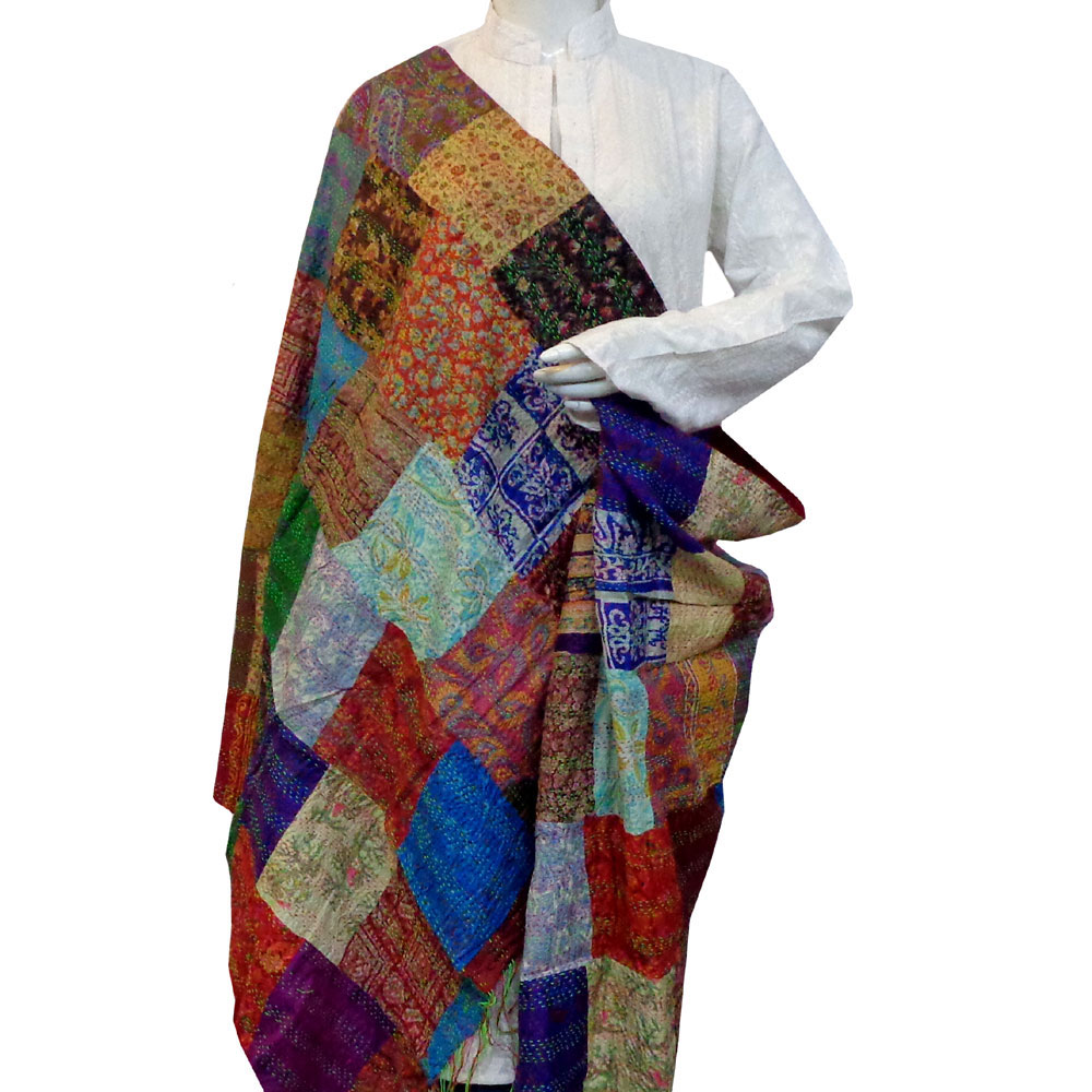Hand Embroidered Cotton Kantha Silk Stole Reversible 204497