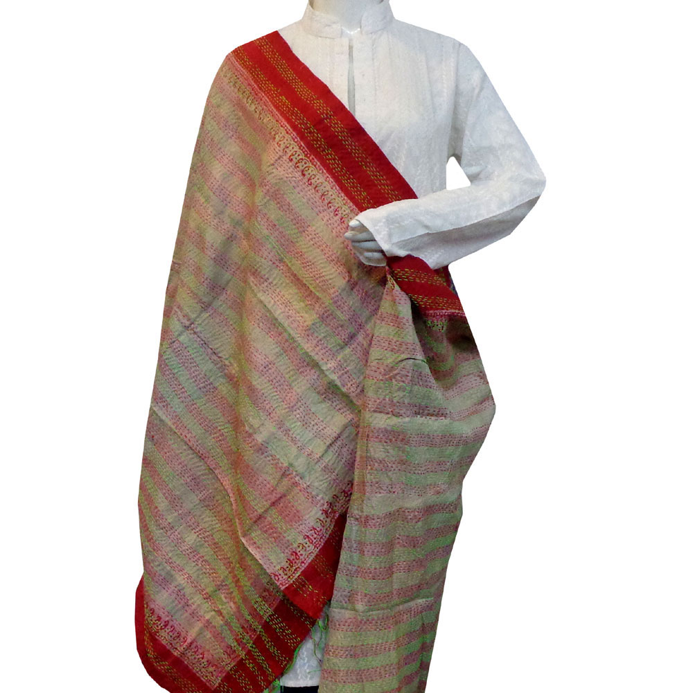 Hand Embroidered Cotton Kantha Silk Stole Reversible 204497