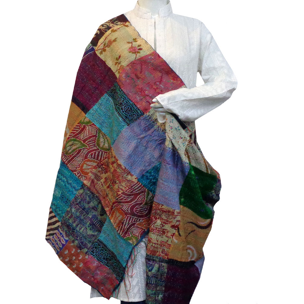 Hand Embroidered Cotton Kantha Silk Stole Reversible 204505