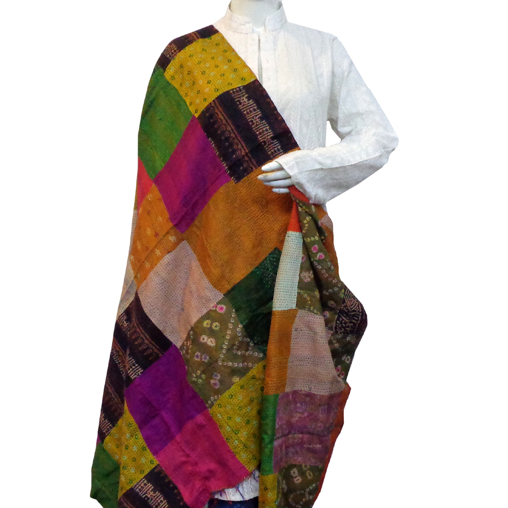 Hand Embroidered Cotton Kantha Silk Stole Reversible 204511