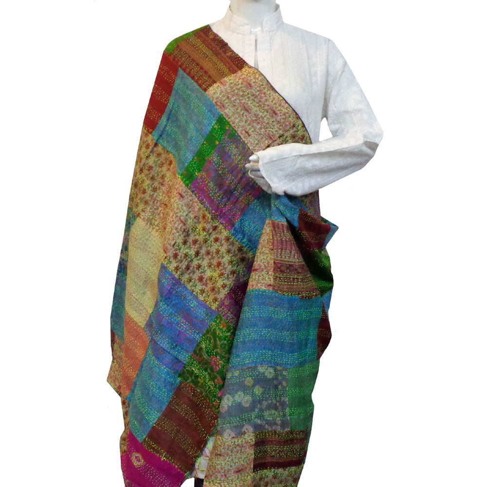 Hand Embroidered Cotton Kantha Silk Stole Reversible 204517