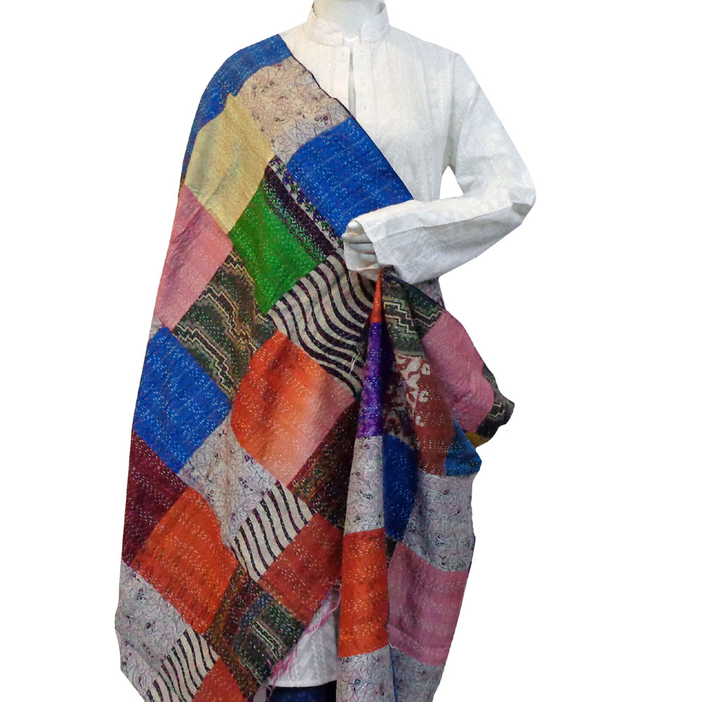 Hand Embroidered Cotton Kantha Silk Stole Reversible 204523