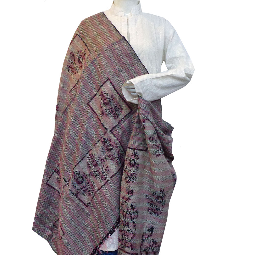 Hand Embroidered Cotton Kantha Silk Stole Reversible 204523