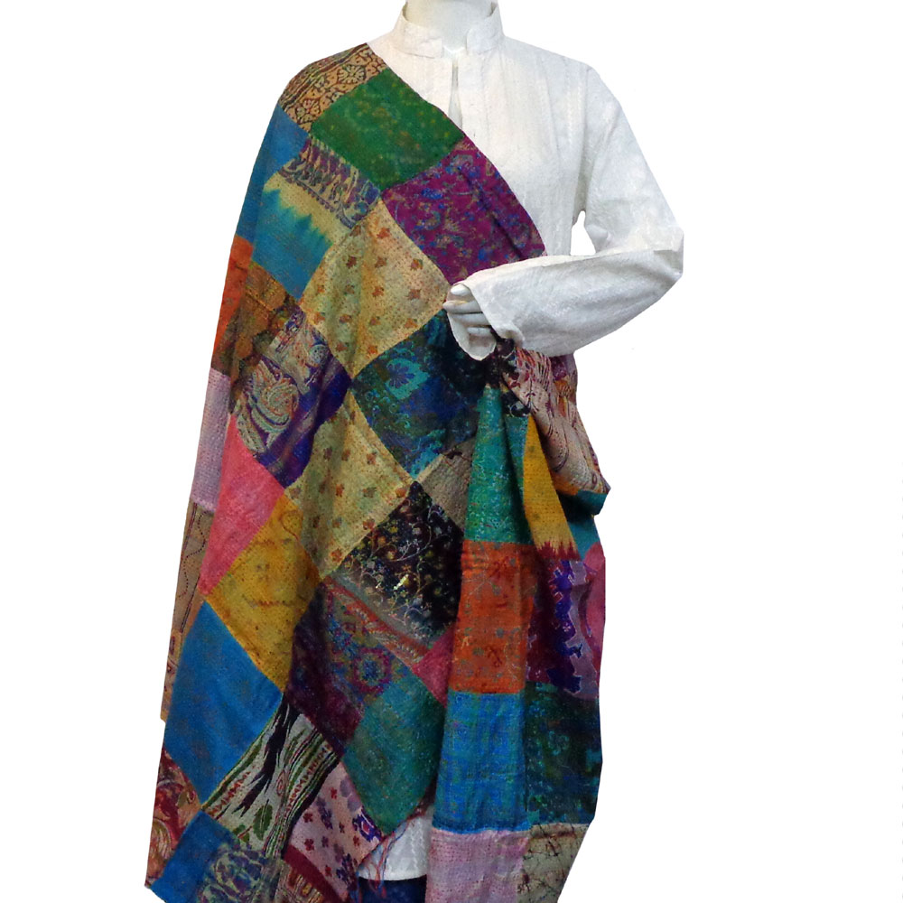 Hand Embroidered Cotton Kantha Silk Stole Reversible 204528