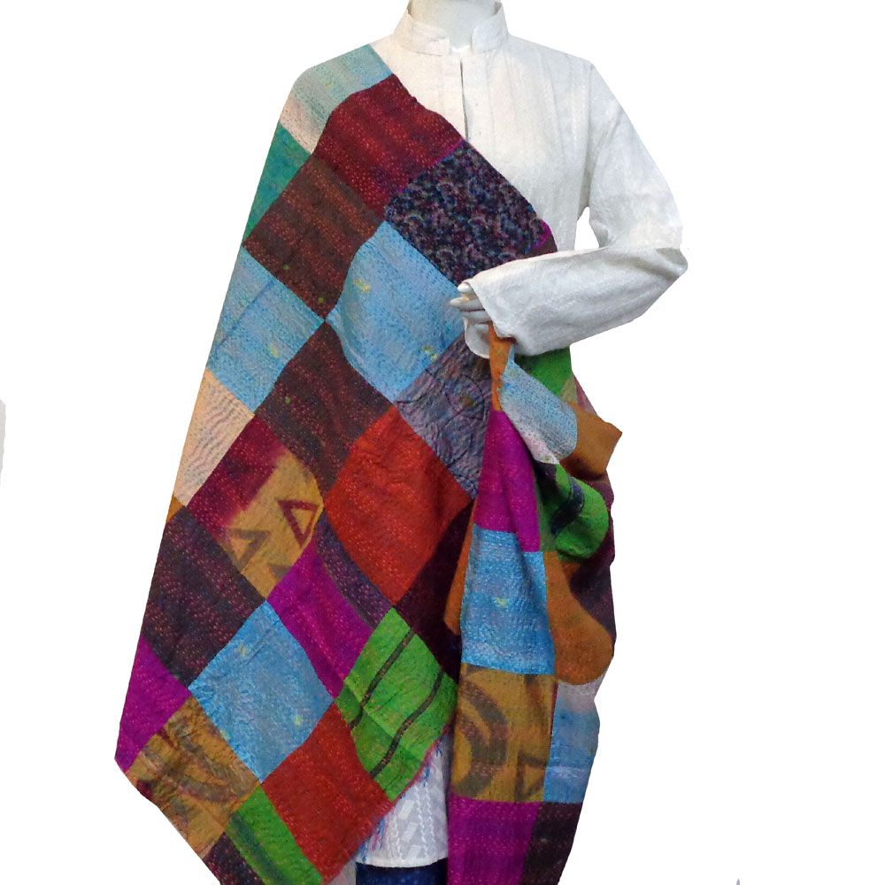 Hand Embroidered Cotton Kantha Silk Stole Reversible 204533