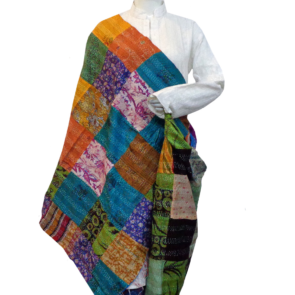 Hand Embroidered Cotton Kantha Silk Stole Reversible 204540