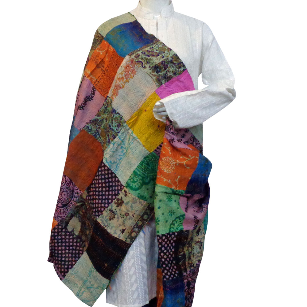 Hand Embroidered Cotton Kantha Silk Stole Reversible 204573