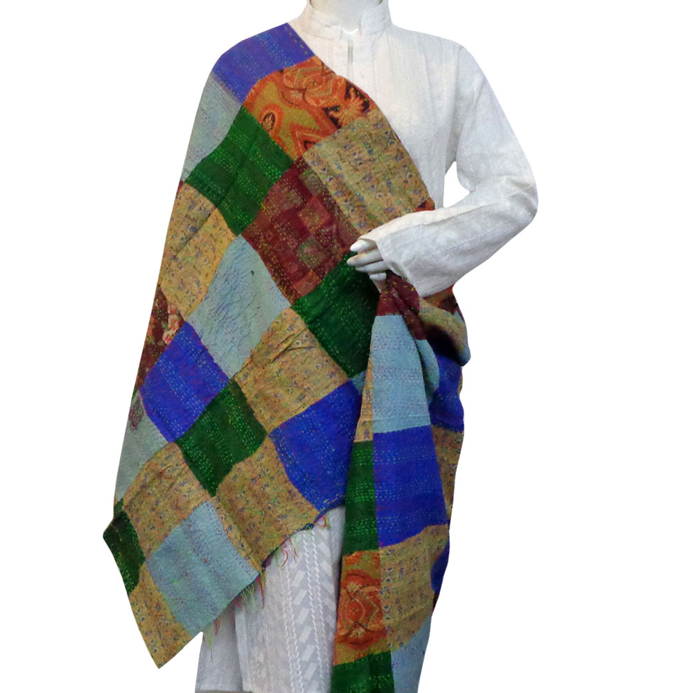Hand Embroidered Cotton Kantha Silk Stole Reversible 204601