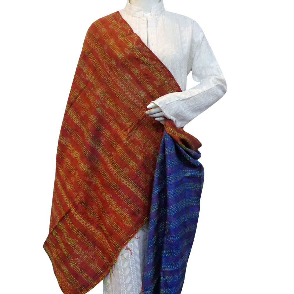 Hand Embroidered Cotton Kantha Silk Stole Reversible 204601