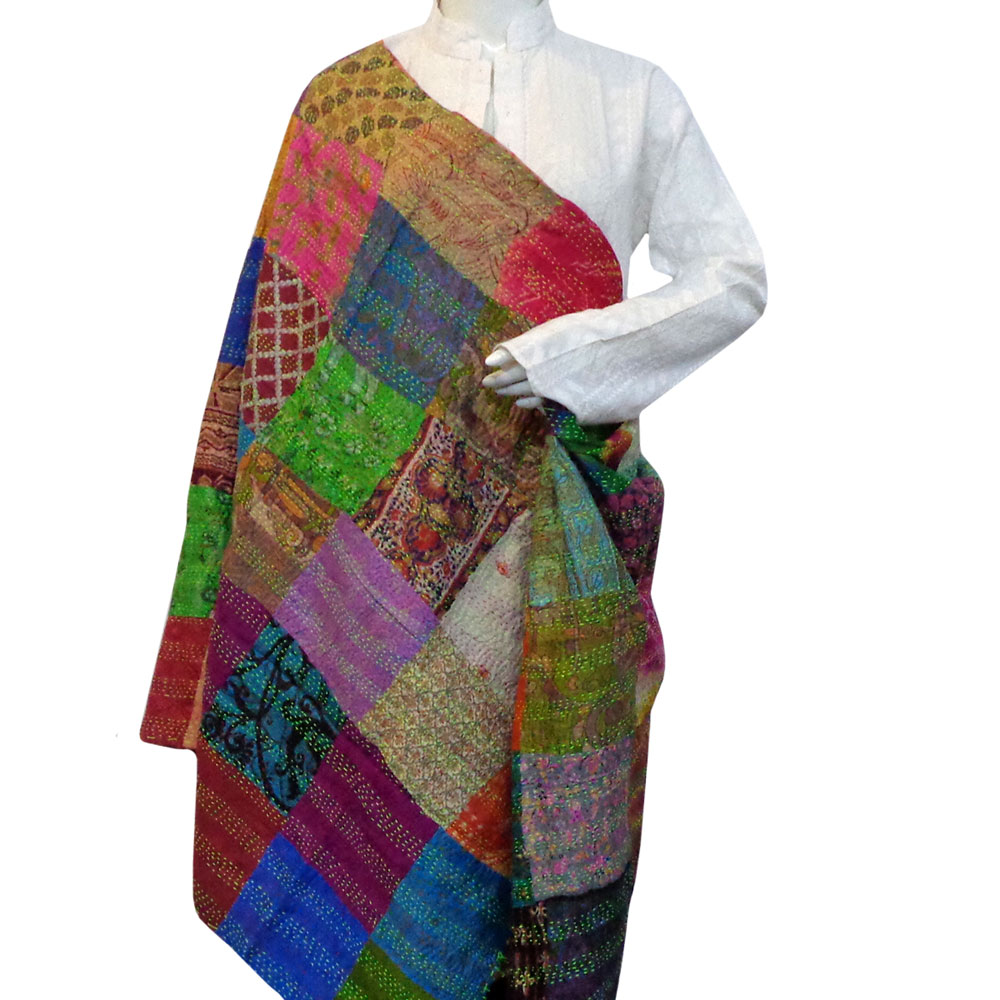 Hand Embroidered Cotton Kantha Silk Stole Reversible 204607