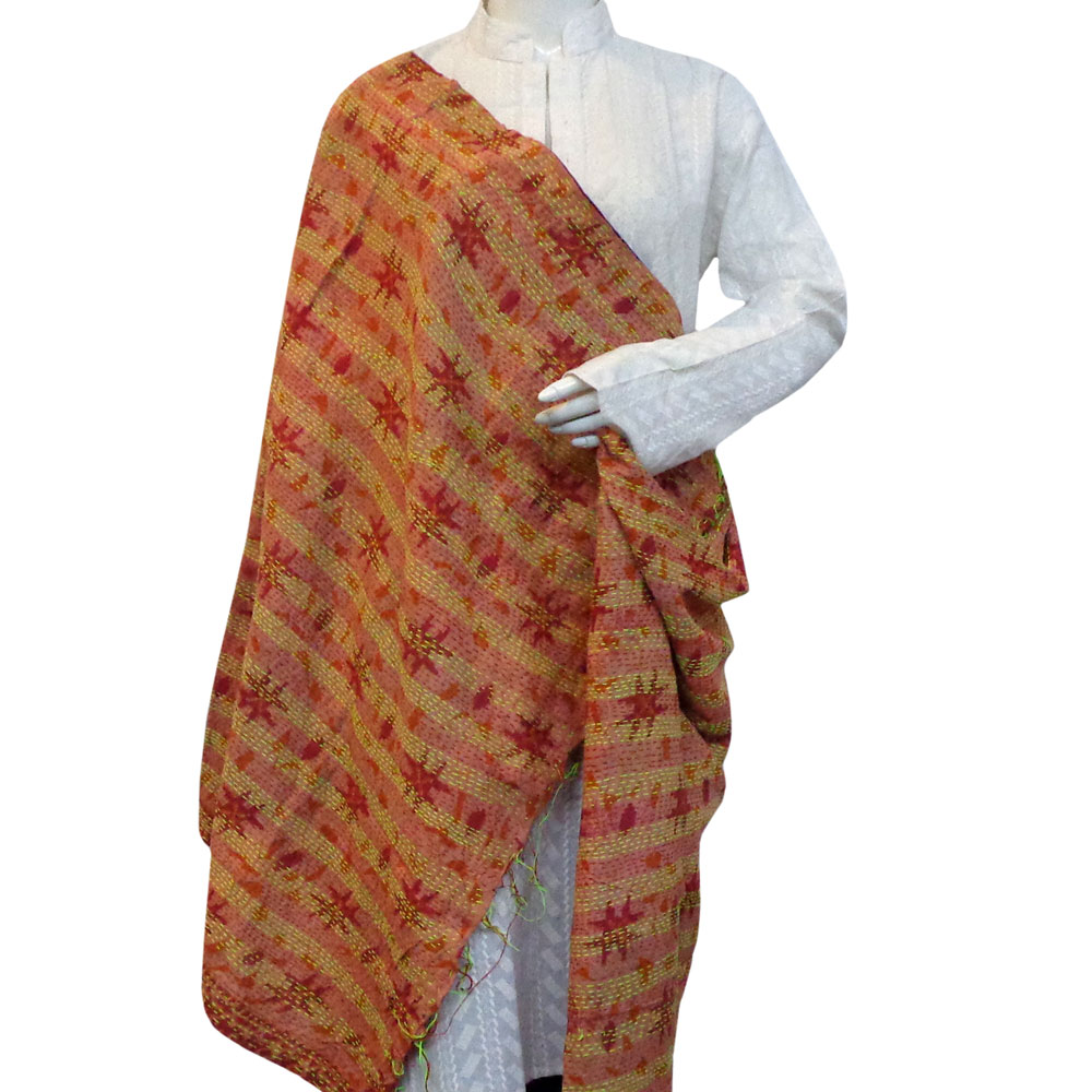 Hand Embroidered Cotton Kantha Silk Stole Reversible 204607
