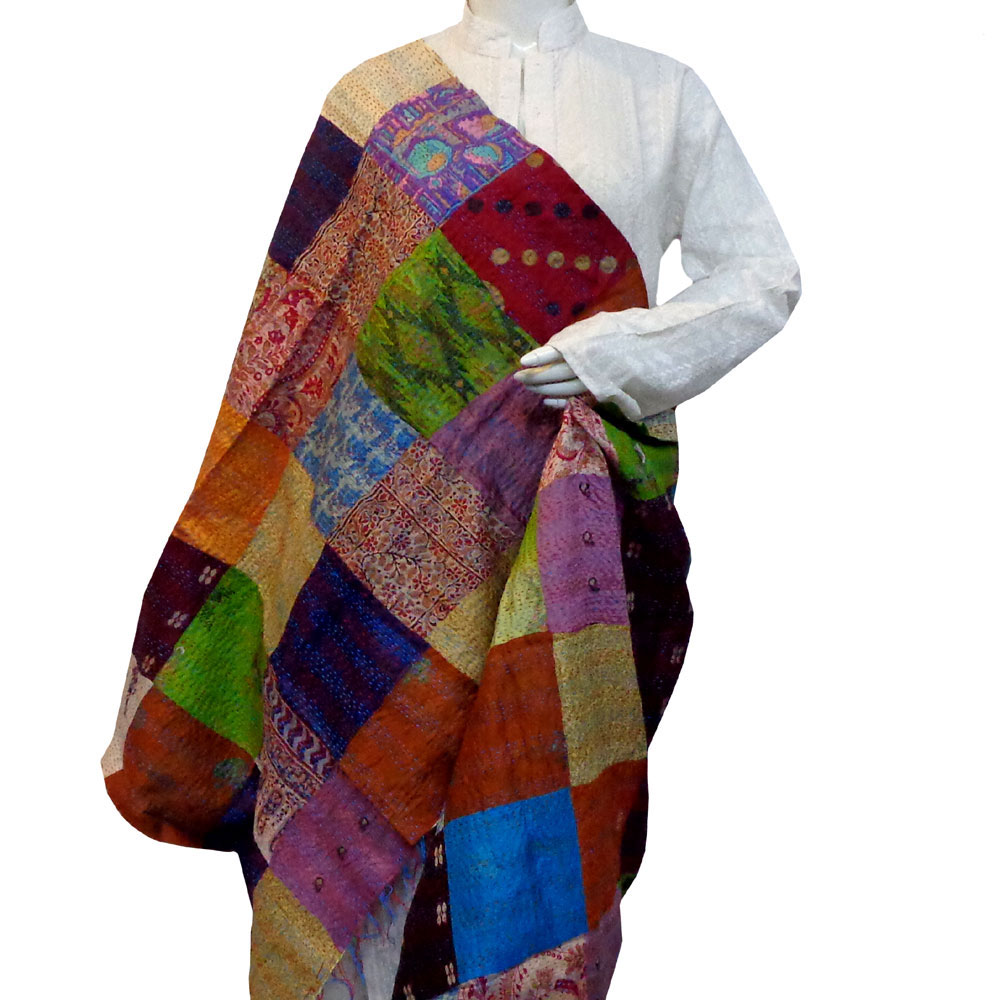 Hand Embroidered Cotton Kantha Silk Stole Reversible 204640
