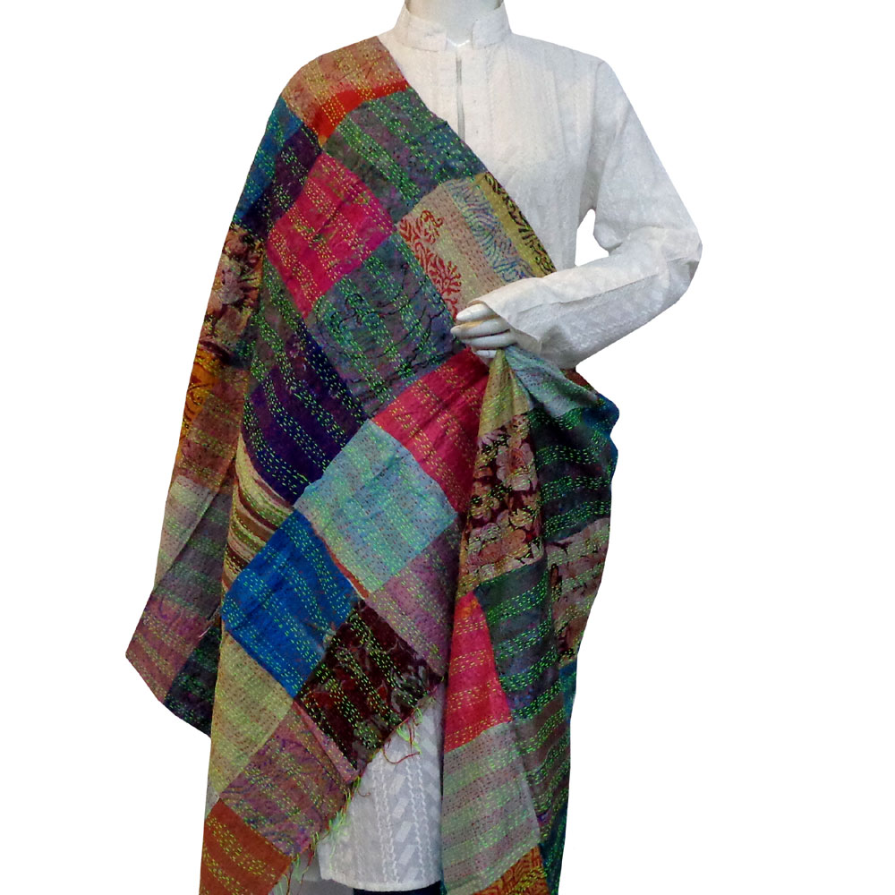 Hand Embroidered Cotton Kantha Silk Stole Reversible 204646
