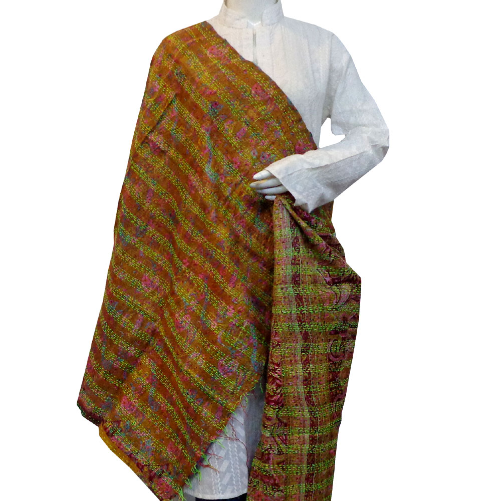 Hand Embroidered Cotton Kantha Silk Stole Reversible 204646