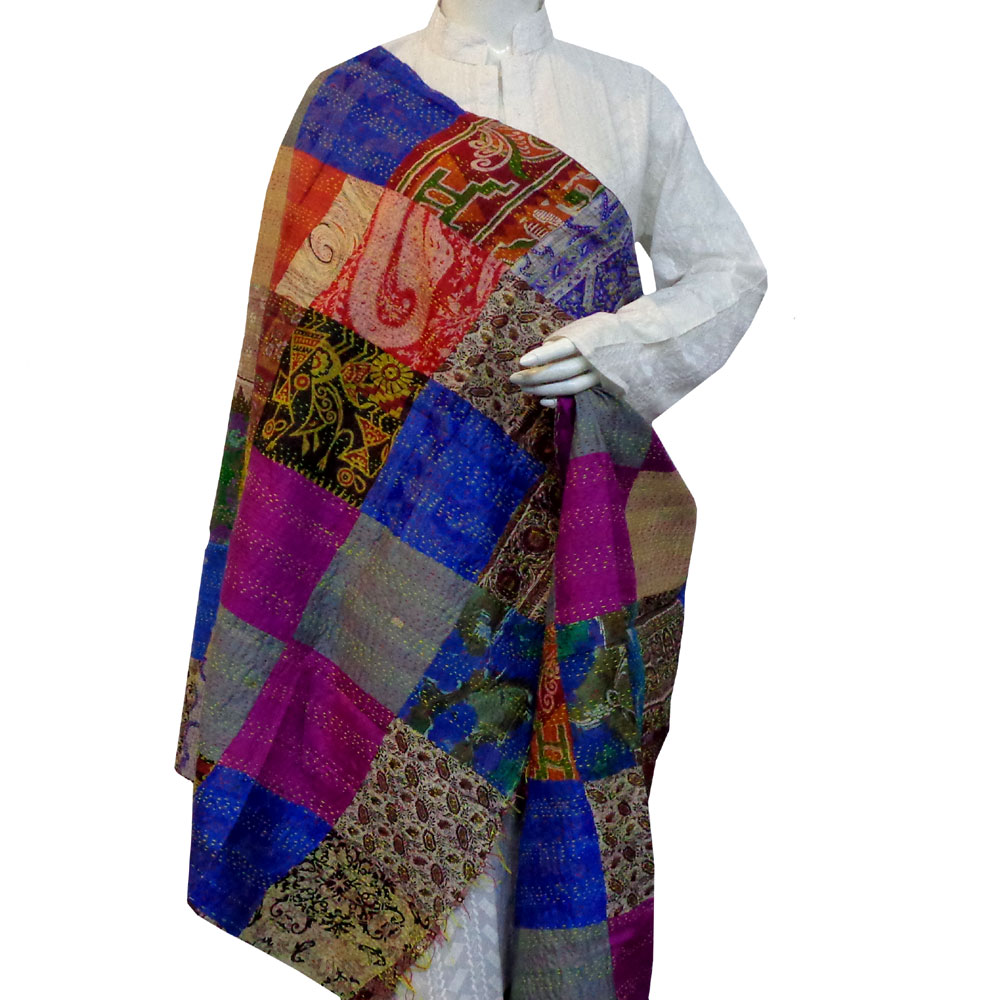 Hand Embroidered Cotton Kantha Silk Stole Reversible 204660