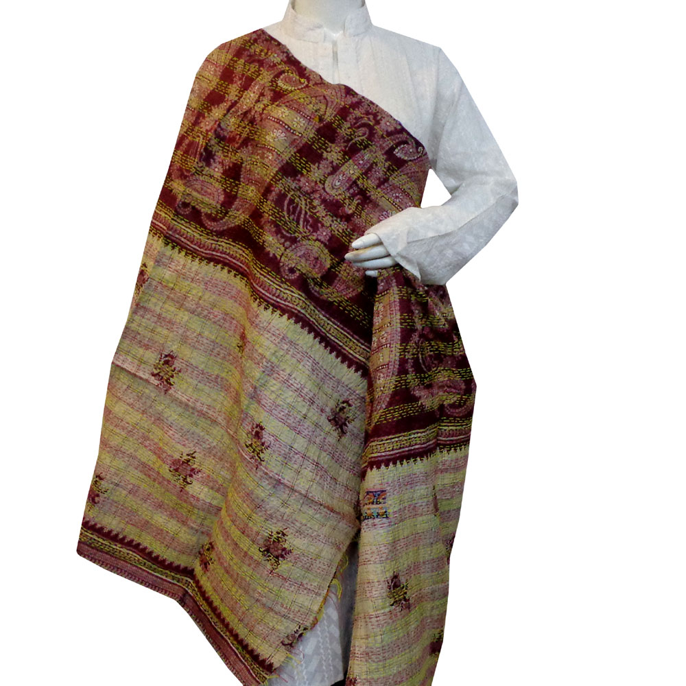 Hand Embroidered Cotton Kantha Silk Stole Reversible 204660
