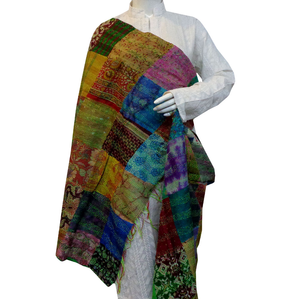 Hand Embroidered Cotton Kantha Silk Stole Reversible 204675