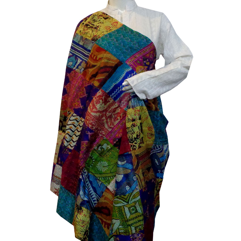 Hand Embroidered Cotton Kantha Silk Stole Reversible 204680