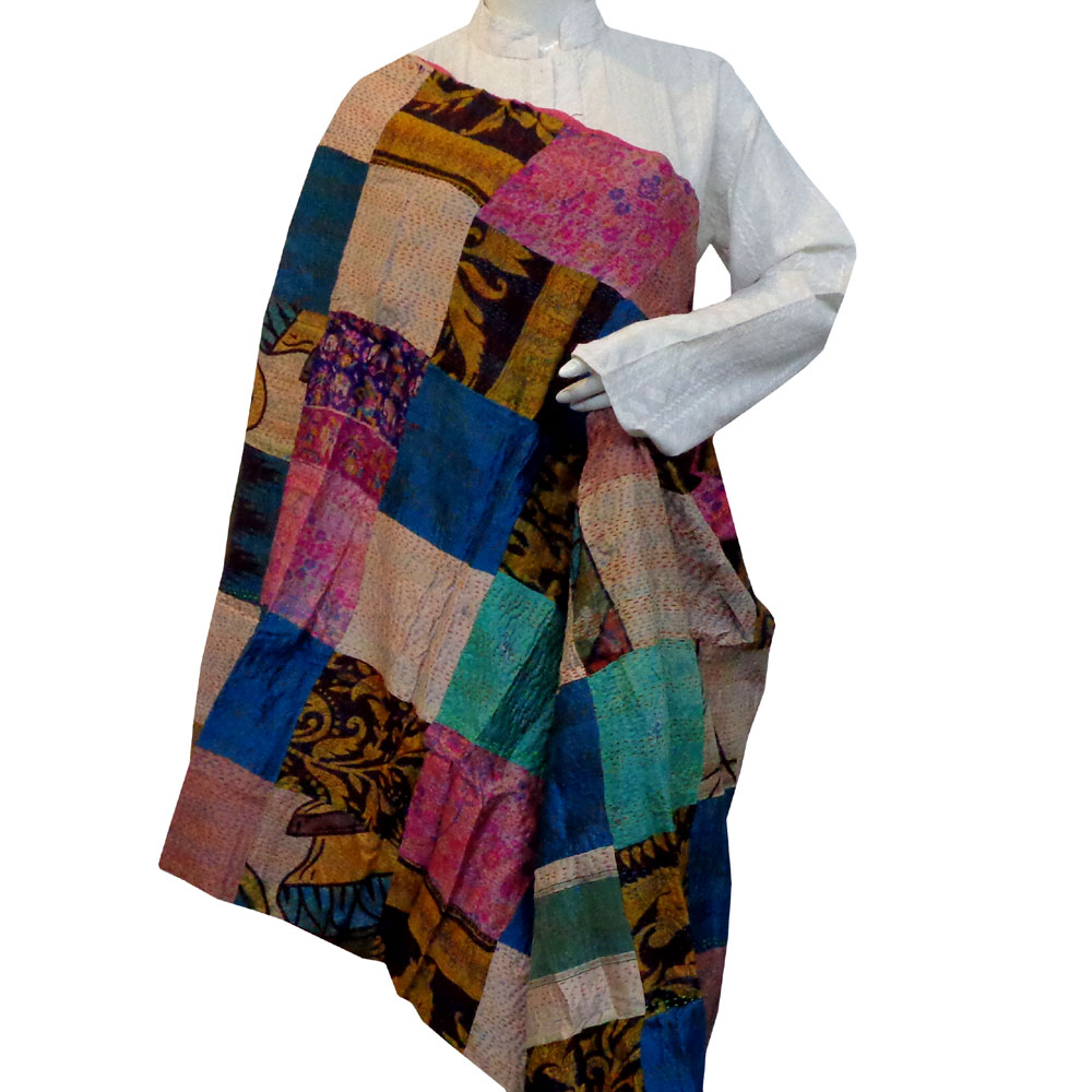 Hand Embroidered Cotton Kantha Silk Stole Reversible 204685