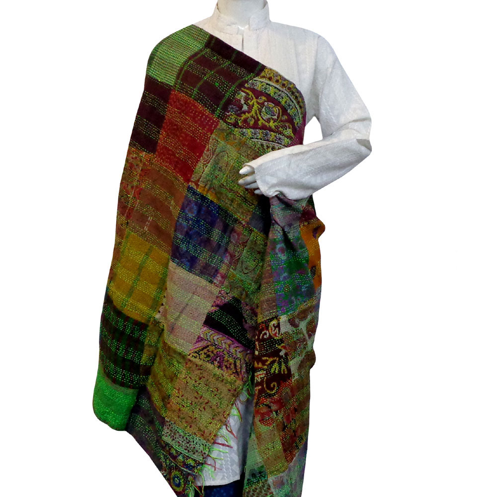 Hand Embroidered Cotton Kantha Silk Stole Reversible 204693