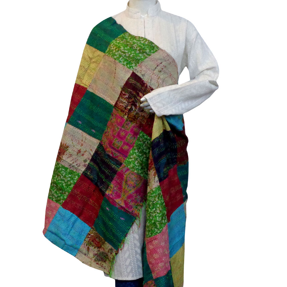 Hand Embroidered Cotton Kantha Silk Stole Reversible 204700