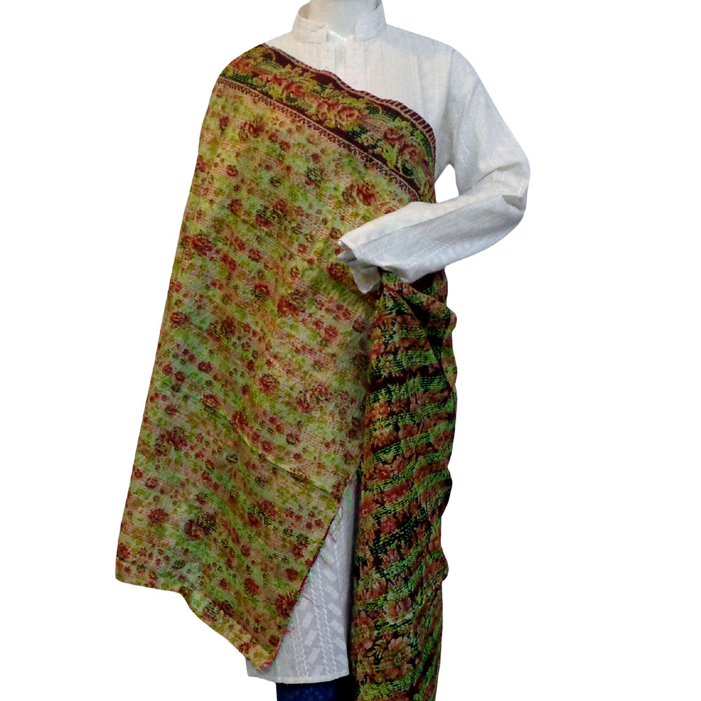 Hand Embroidered Cotton Kantha Silk Stole Reversible 204700