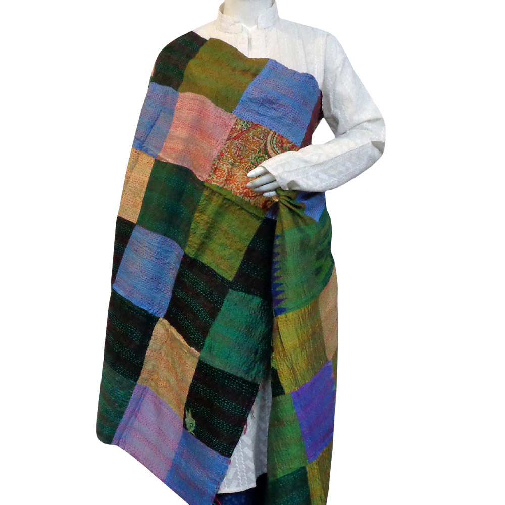 Hand Embroidered Cotton Kantha Silk Stole Reversible 204718