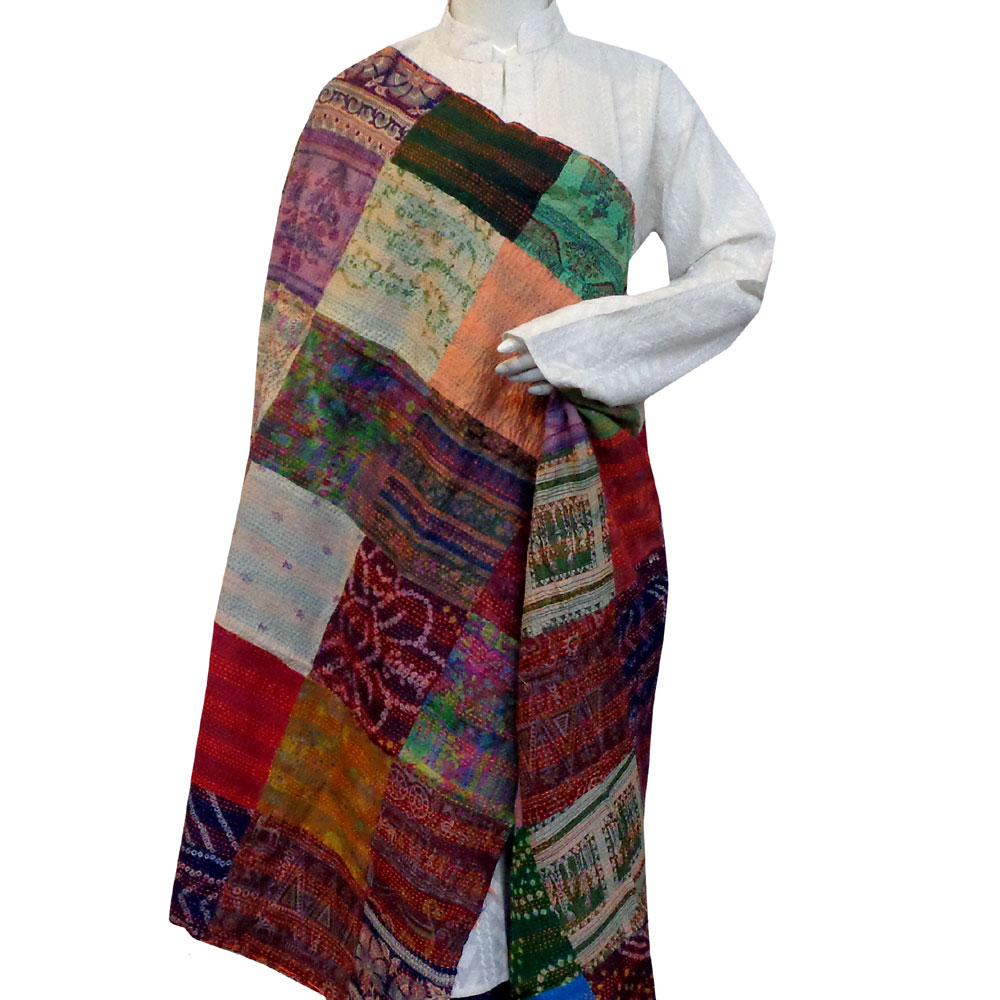 Hand Embroidered Cotton Kantha Silk Stole Reversible 204730