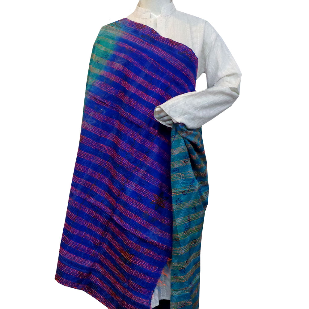 Hand Embroidered Cotton Kantha Silk Stole Reversible 204730