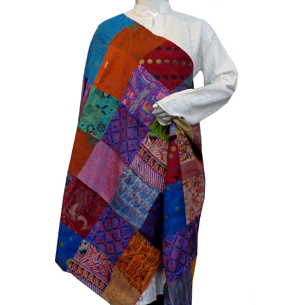 Hand Embroidered Cotton Kantha Silk Stole Reversible 204740