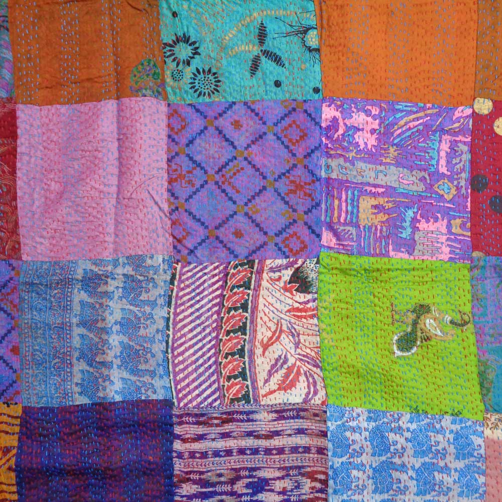 Hand Embroidered Cotton Kantha Silk Stole Reversible 204740