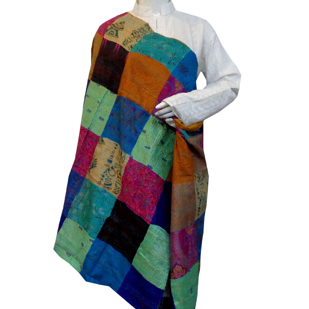 Hand Embroidered Cotton Kantha Silk Stole Reversible 204761