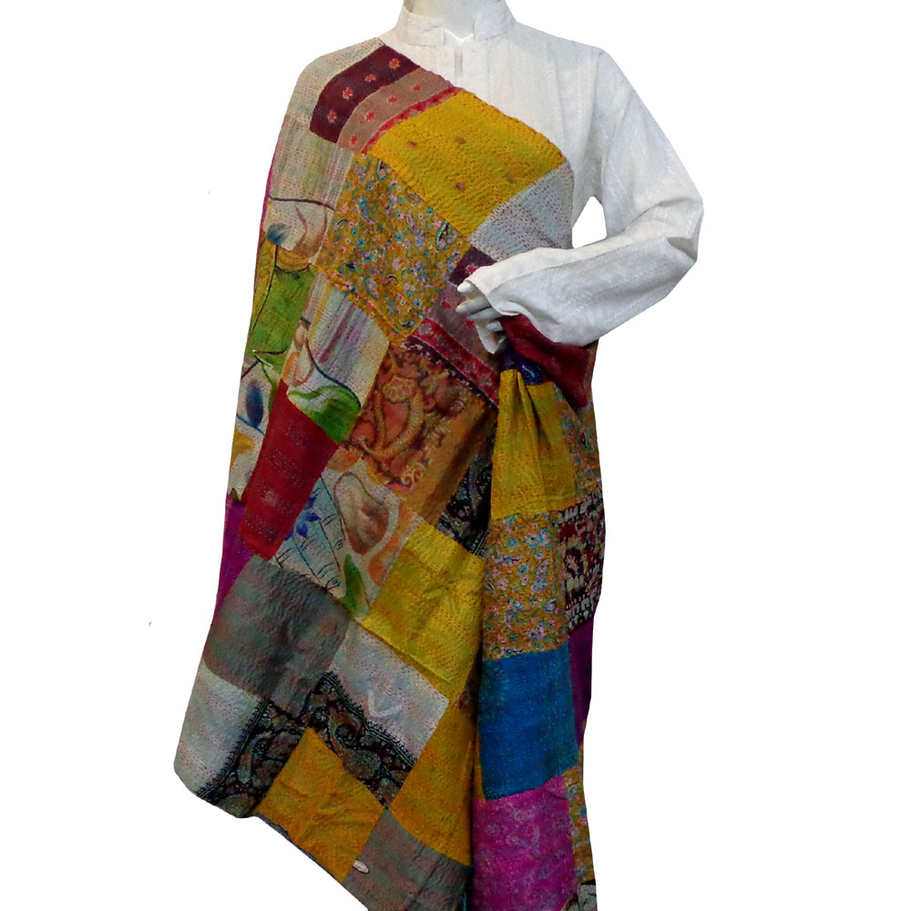 Hand Embroidered Cotton Kantha Silk Stole Reversible 204778